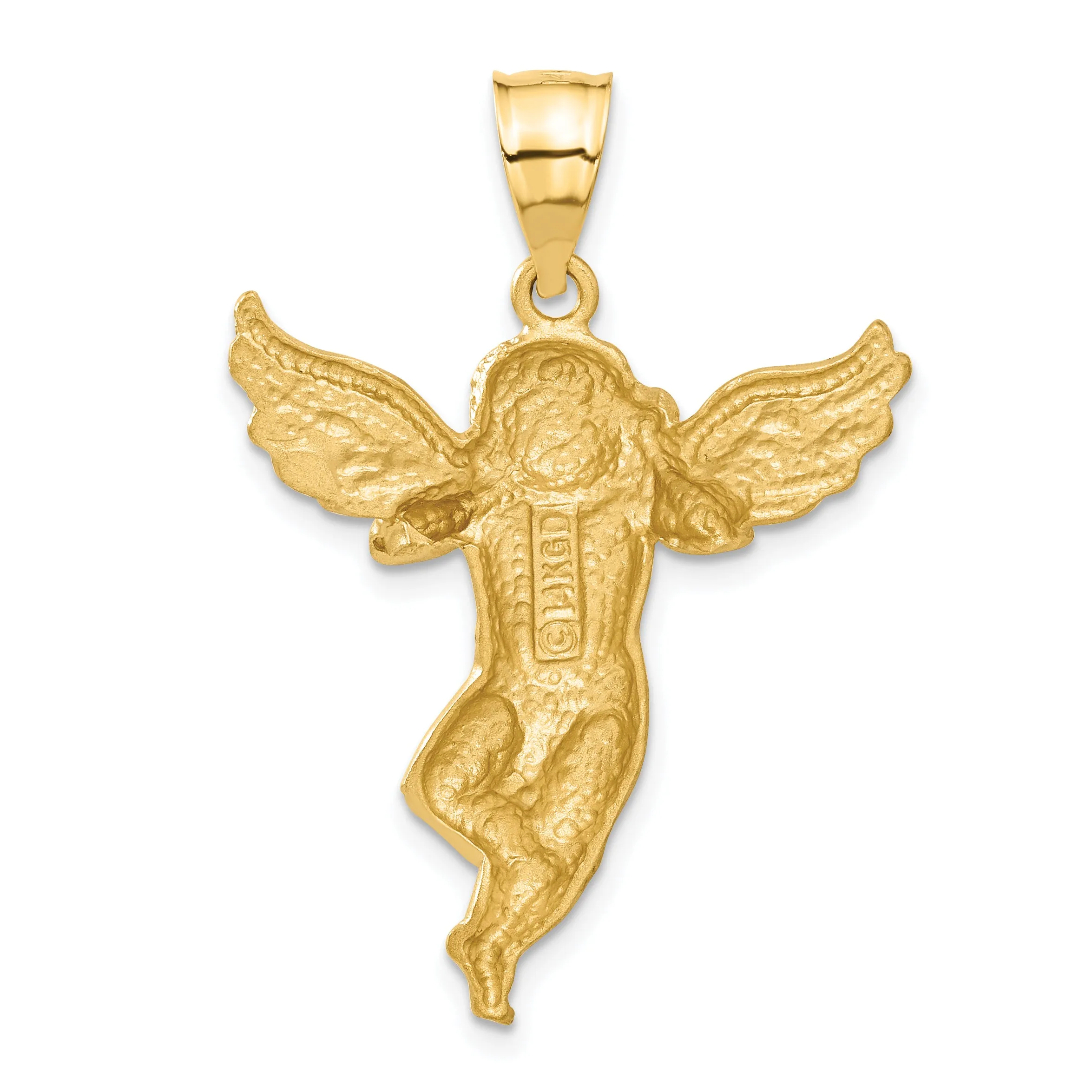 14K Gold Satin Angel Pendant Casted Solid Design, 38mm Length