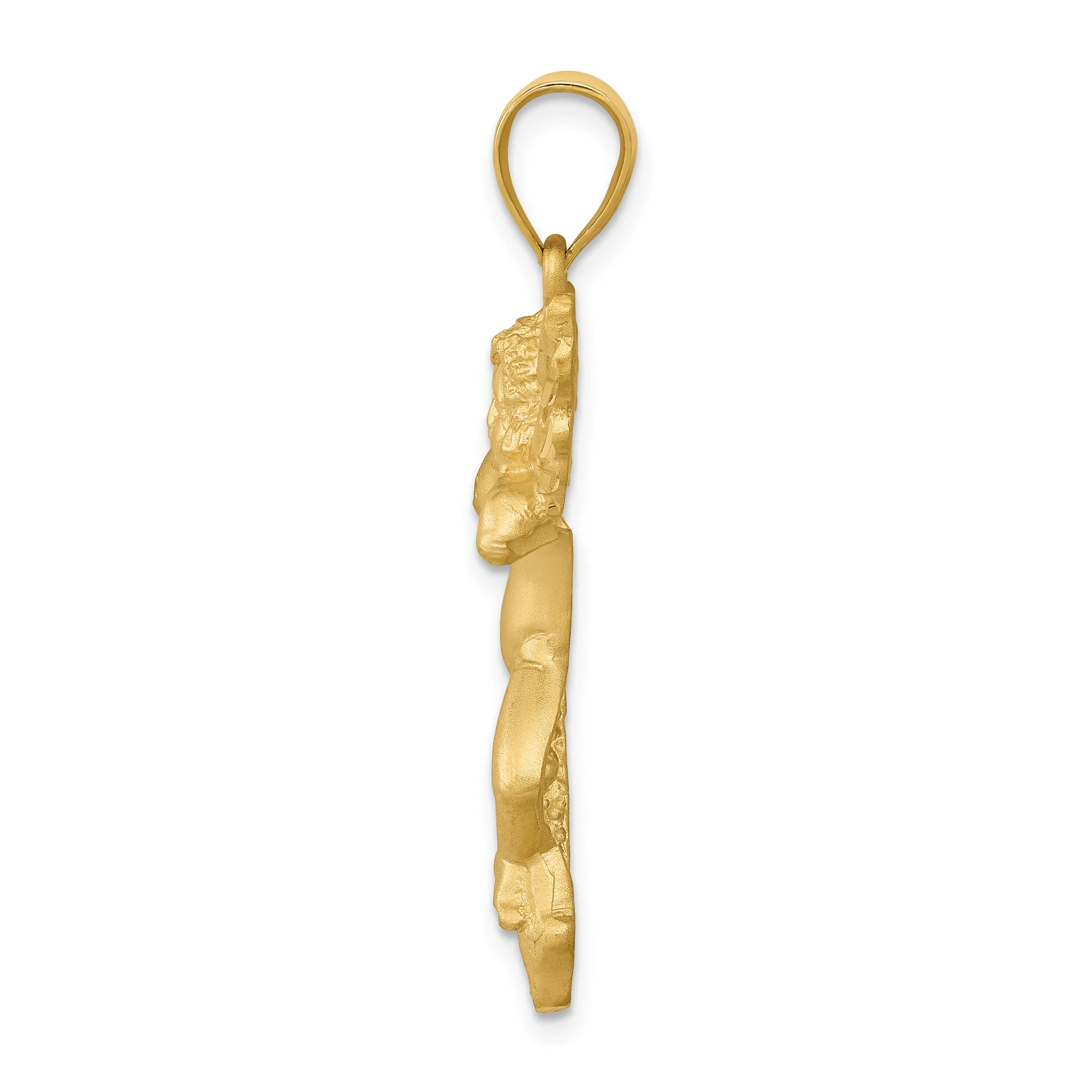 14K Gold Satin Angel Pendant Casted Solid Design, 38mm Length