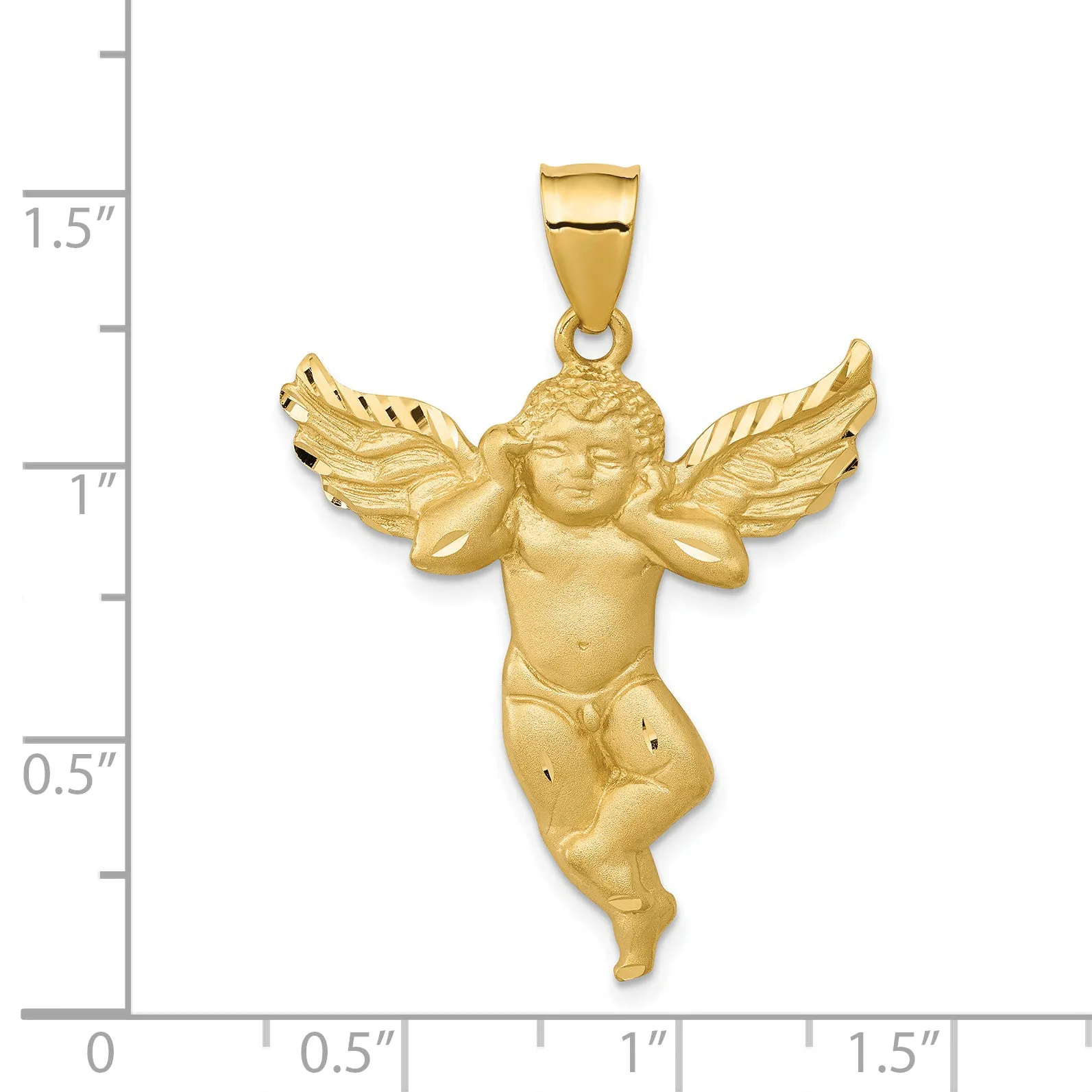 14K Gold Satin Angel Pendant Casted Solid Design, 38mm Length