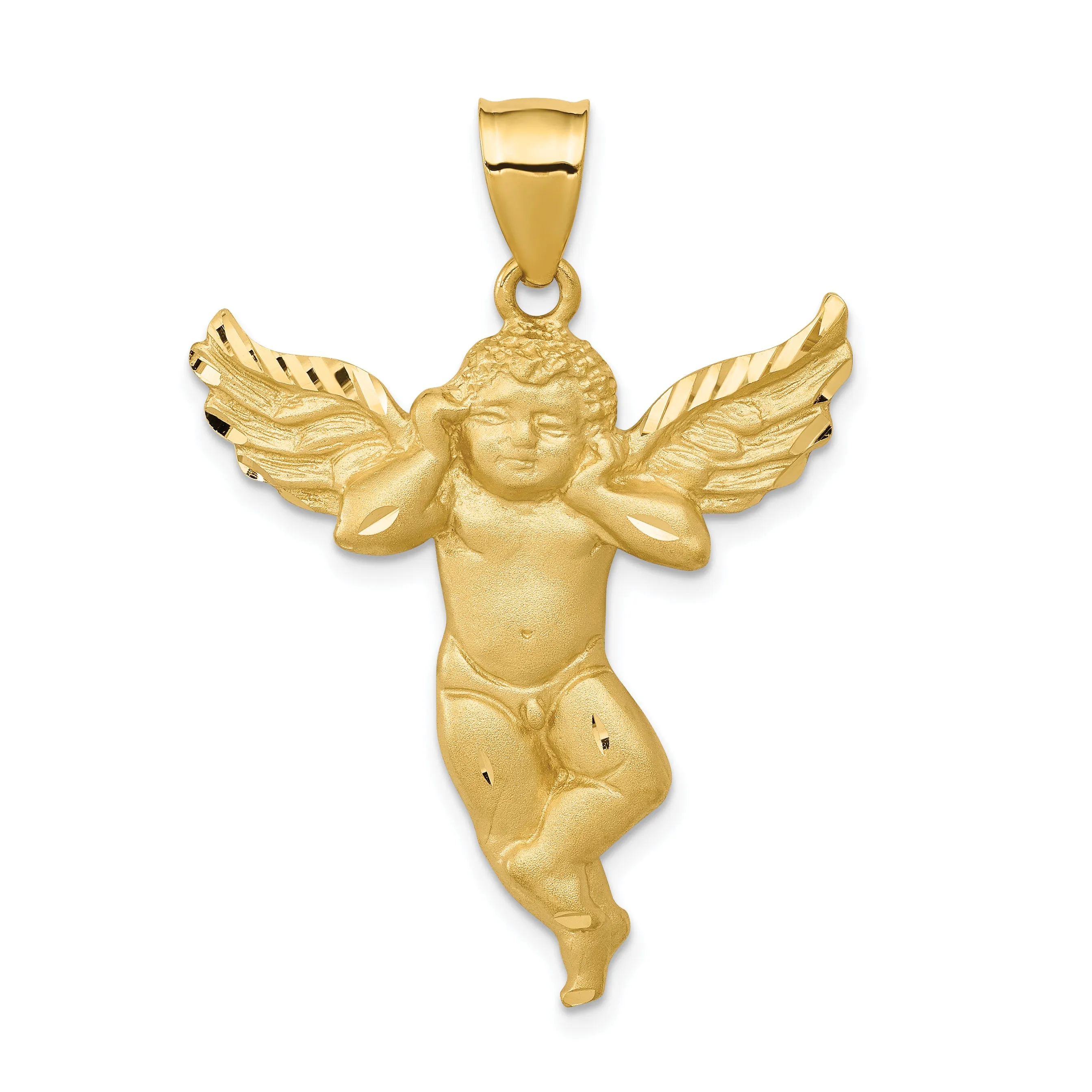 14K Gold Satin Angel Pendant Casted Solid Design, 38mm Length