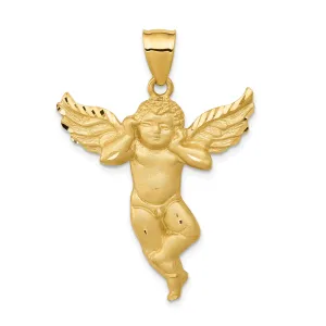 14K Gold Satin Angel Pendant Casted Solid Design, 38mm Length