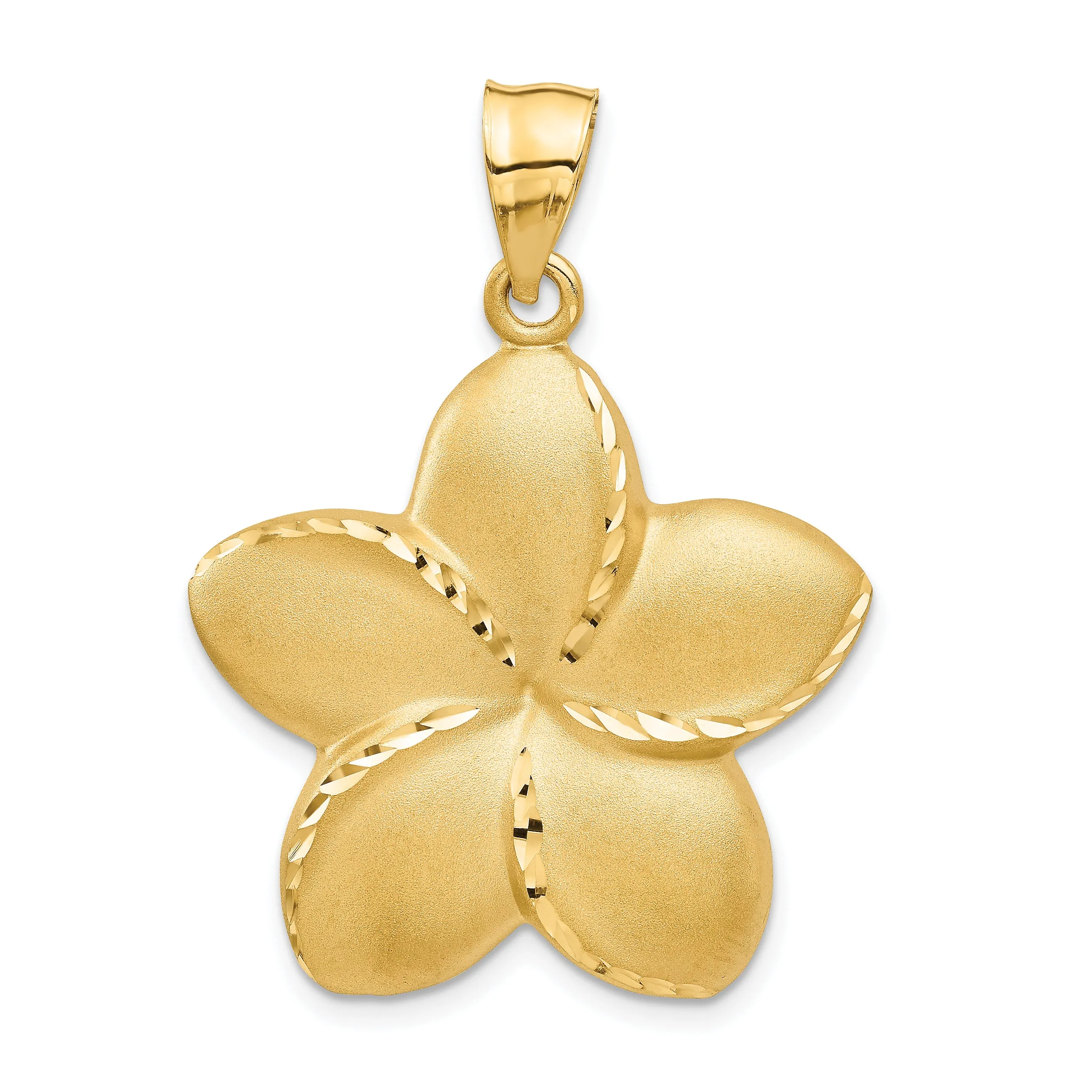 14K Gold Satin Diamond-Cut Plumeria Pendant Elegant Open Back Design