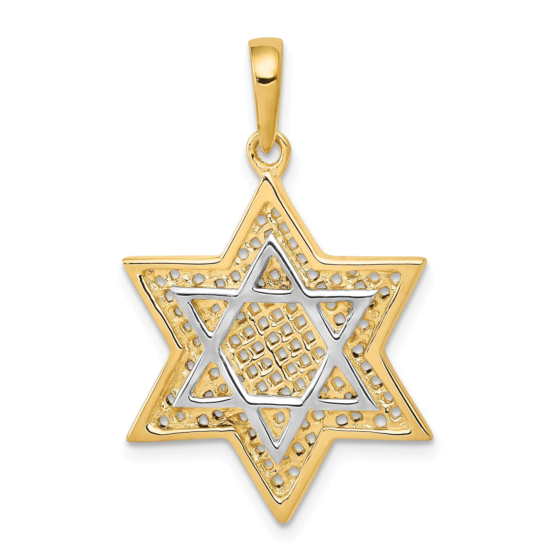 14K Gold Star of David Pendant with Rhodium Mesh Accent, 32mm Elegant Design