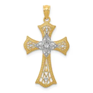 14K Gold with Rhodium Diamond-Cut Cross Pendant Solid, Elegant Design