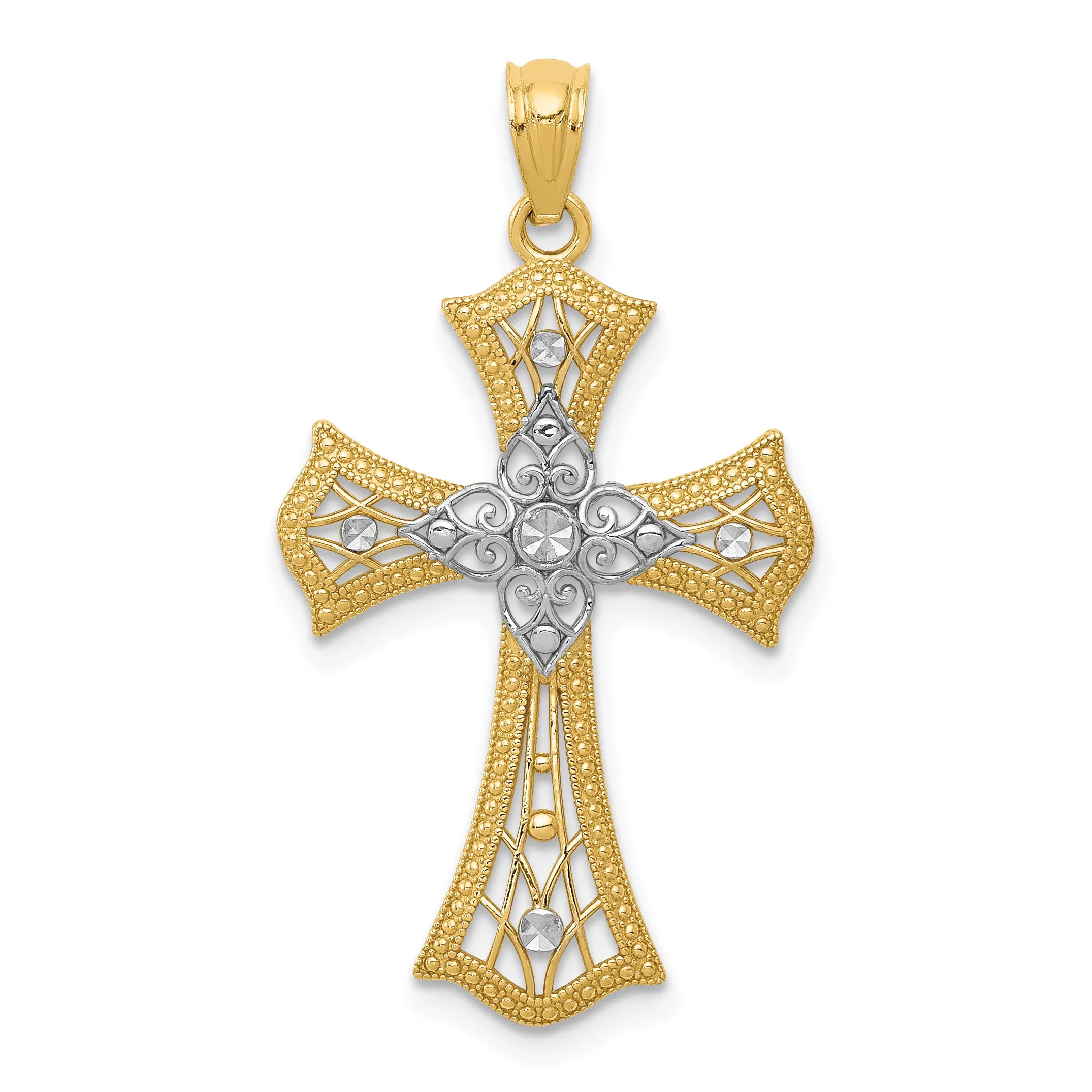 14K Gold with Rhodium Diamond-Cut Cross Pendant Solid, Elegant Design