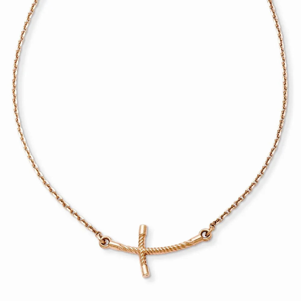 14K Rose Gold Curved Twist Cross Necklace with Elegant Side Stones