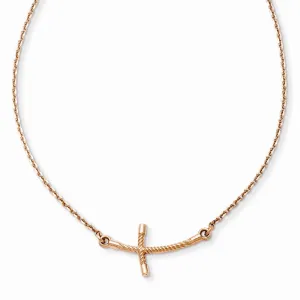 14K Rose Gold Curved Twist Cross Necklace with Elegant Side Stones