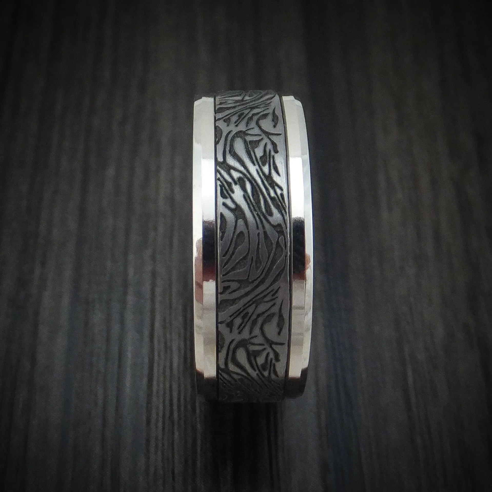 14K White Gold and Marble Design Tantalum Men's Ring