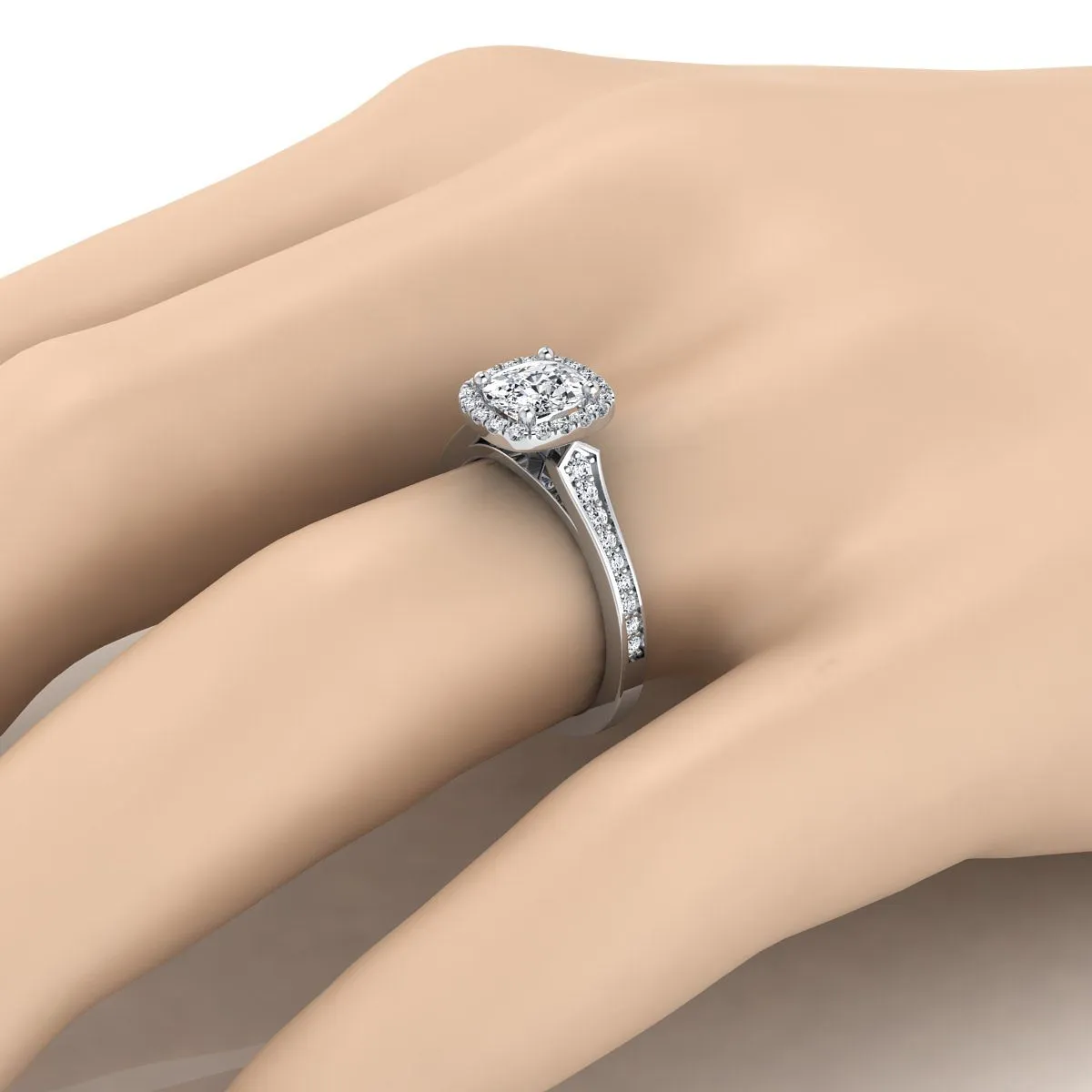 14K White Gold Cushion Diamond Classic Halo with Channel French Pave Engagement RIng  -1/3ctw