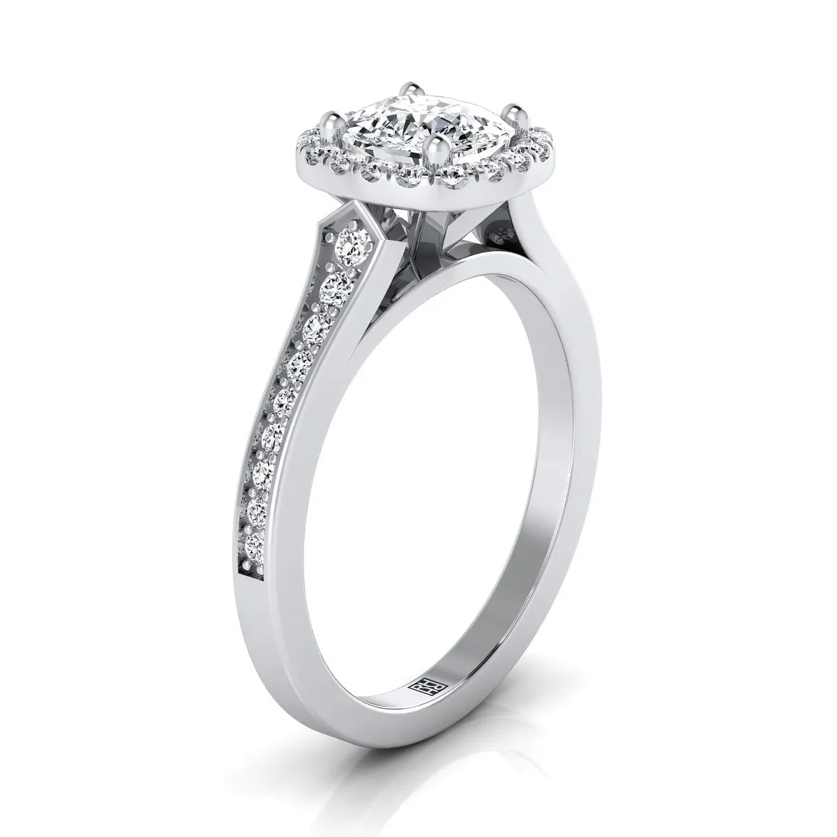 14K White Gold Cushion Diamond Classic Halo with Channel French Pave Engagement RIng  -1/3ctw
