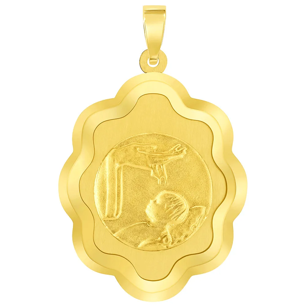 14k Yellow Gold Religious Baptism Christening On Elegant Medal Pendant with Cuban Chain Curb Necklace