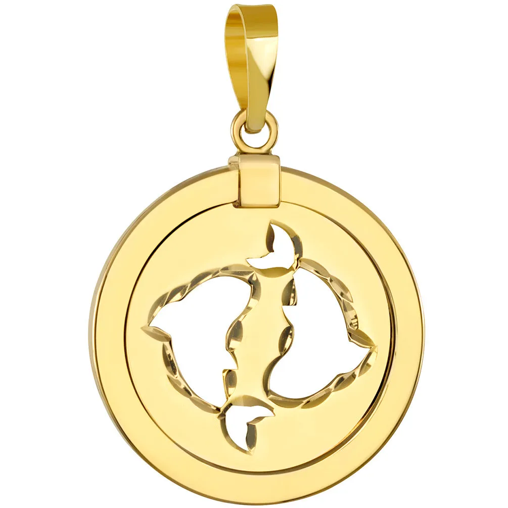 14K Yellow Gold Reversible Round Pisces Zodiac Sign Pendant