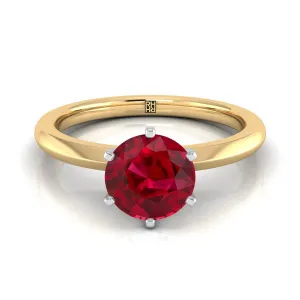 14K Yellow Gold Round Brilliant Ruby Pinched Comfort Fit Claw Prong Solitaire Engagement Ring