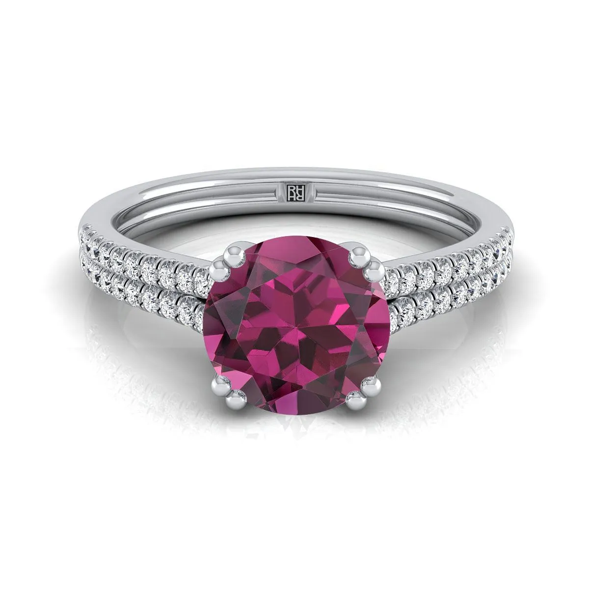 18K White Gold Round Brilliant Garnet Double Row Double Prong French Pave Diamond Engagement Ring -1/6ctw
