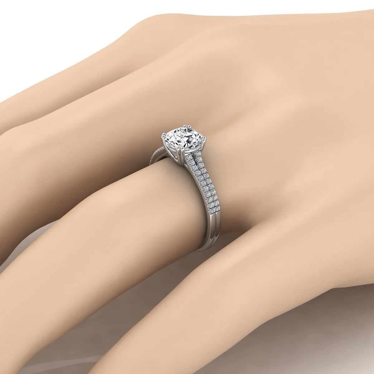 18K White Gold Round Brilliant Garnet Double Row Double Prong French Pave Diamond Engagement Ring -1/6ctw