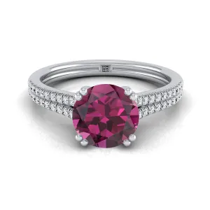 18K White Gold Round Brilliant Garnet Double Row Double Prong French Pave Diamond Engagement Ring -1/6ctw