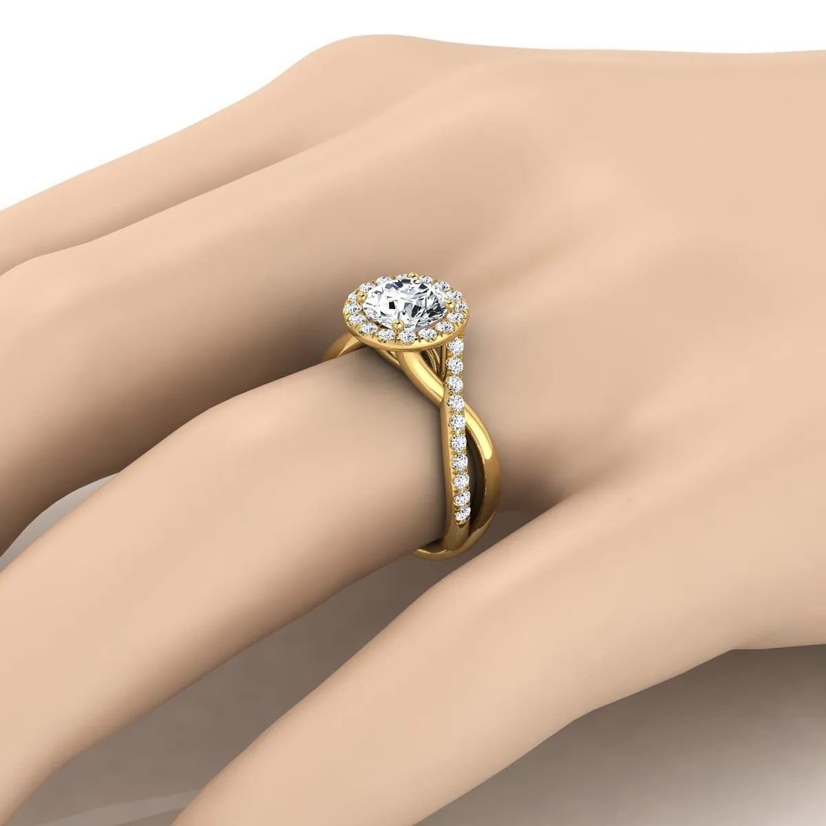 18K Yellow Gold Round Brilliant Diamond Twisted Vine Halo Engagement Ring -1/2ctw