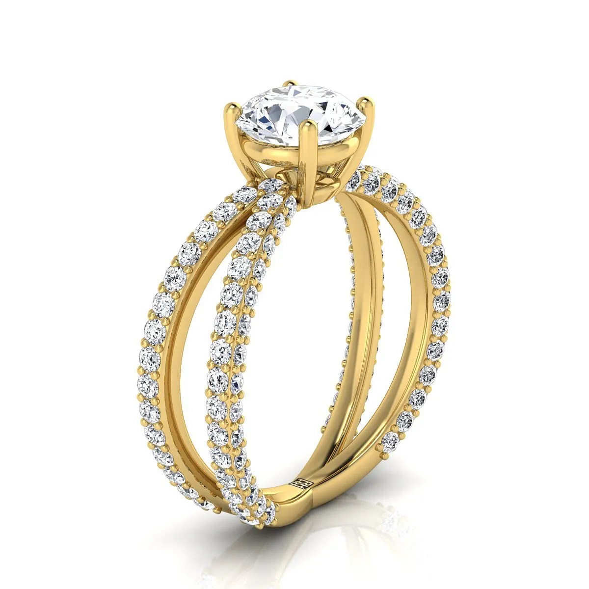 18K Yellow Gold Round Brilliant Open Diamond Pave Criss Cross Engagement Ring -1-1/3ctw