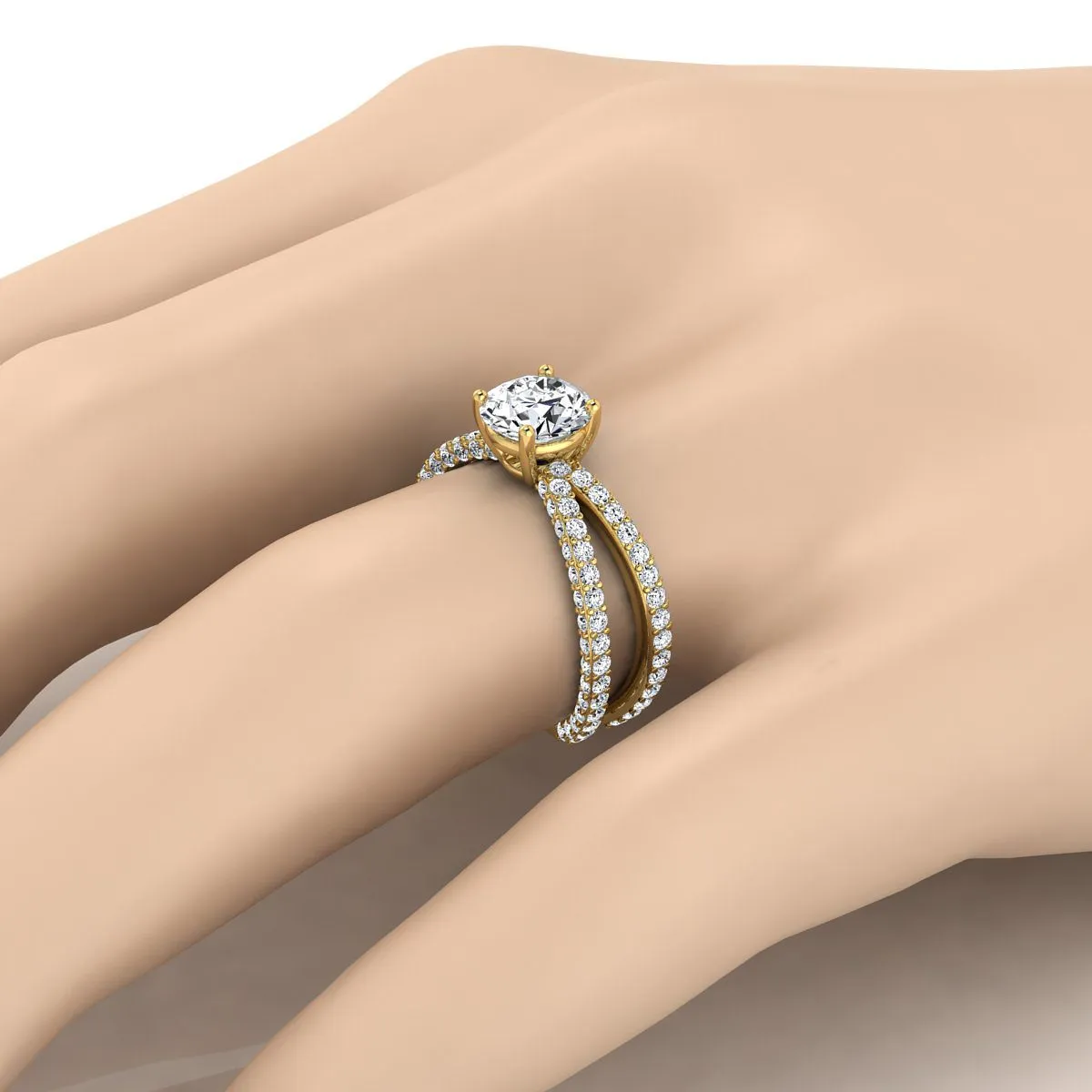 18K Yellow Gold Round Brilliant Open Diamond Pave Criss Cross Engagement Ring -1-1/3ctw