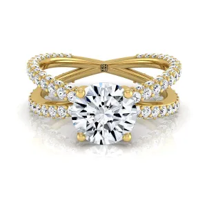18K Yellow Gold Round Brilliant Open Diamond Pave Criss Cross Engagement Ring -1-1/3ctw