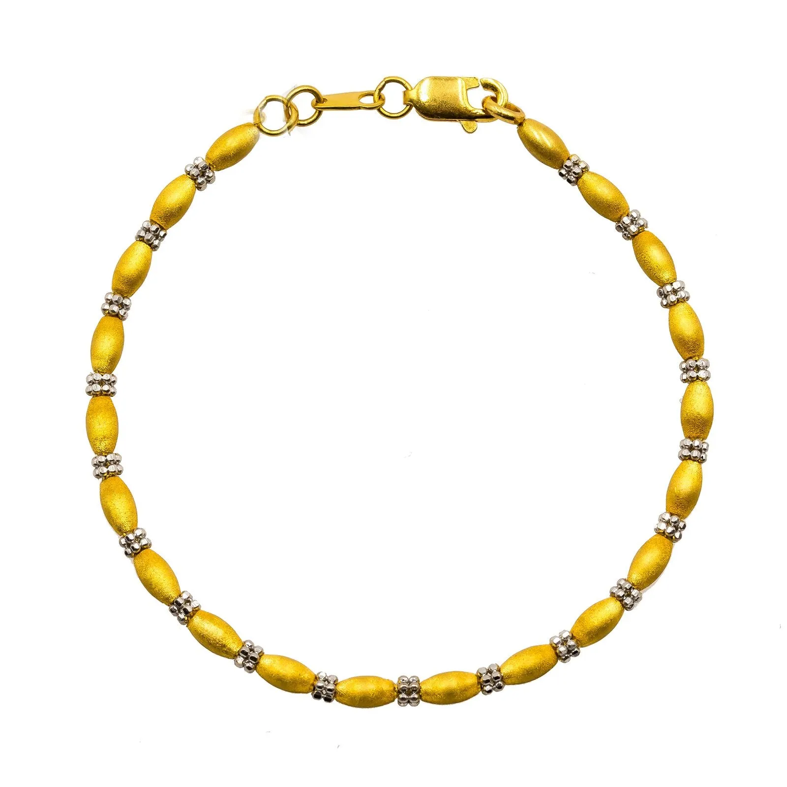 22K Multi Tone Gold Bracelet W/ Matte Oval Beads & Clustered Round Beads