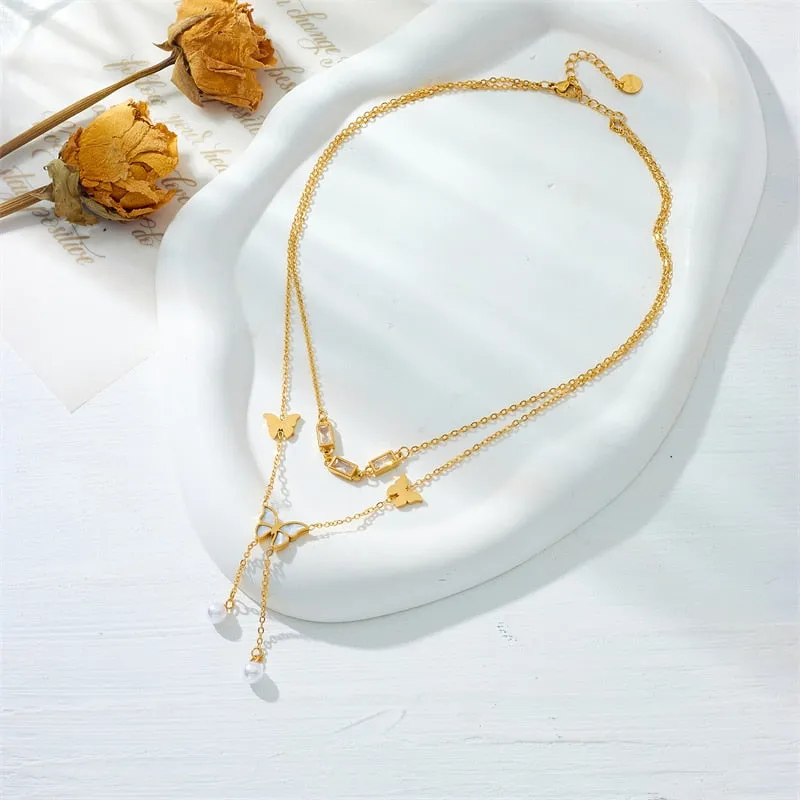 316L Stainless Steel Butterfly Pearls Pendant Necklace For Women