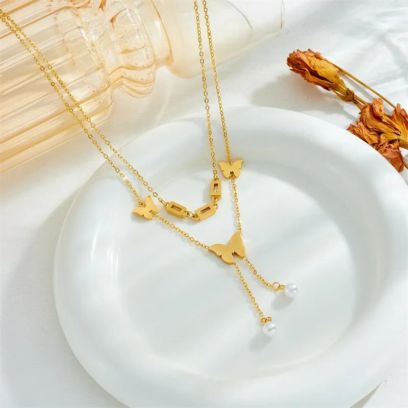 316L Stainless Steel Butterfly Pearls Pendant Necklace For Women