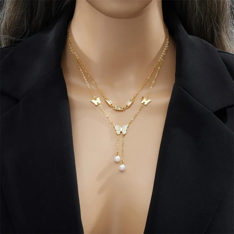 316L Stainless Steel Butterfly Pearls Pendant Necklace For Women