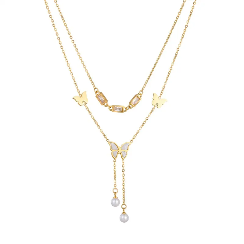 316L Stainless Steel Butterfly Pearls Pendant Necklace For Women