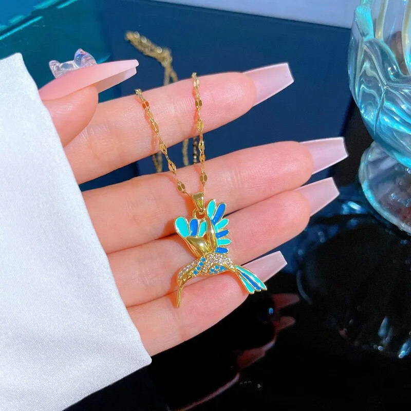 316L Stainless Steel Gold Plated Blue Woodpecker Bird Pendant Necklace For Women