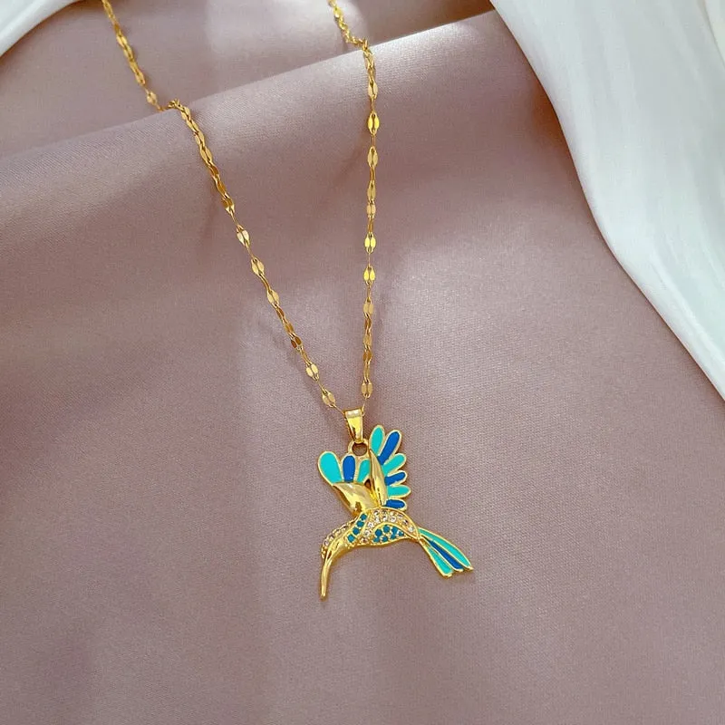 316L Stainless Steel Gold Plated Blue Woodpecker Bird Pendant Necklace For Women