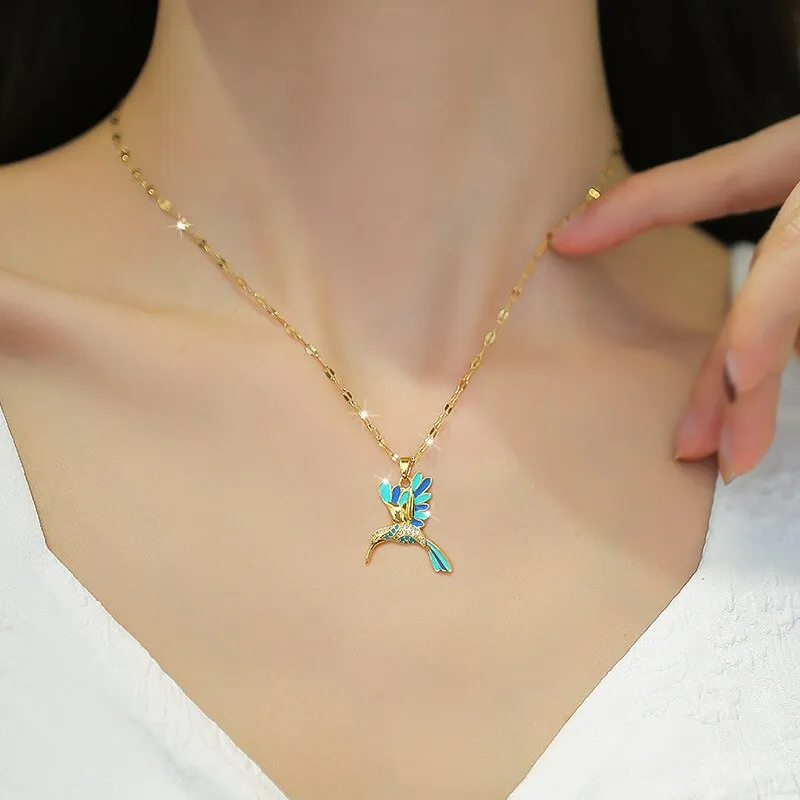 316L Stainless Steel Gold Plated Blue Woodpecker Bird Pendant Necklace For Women