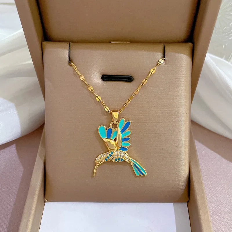 316L Stainless Steel Gold Plated Blue Woodpecker Bird Pendant Necklace For Women