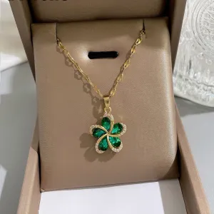 316L Stainless Steel Green Zircon Flowers Pendant Necklace For Women