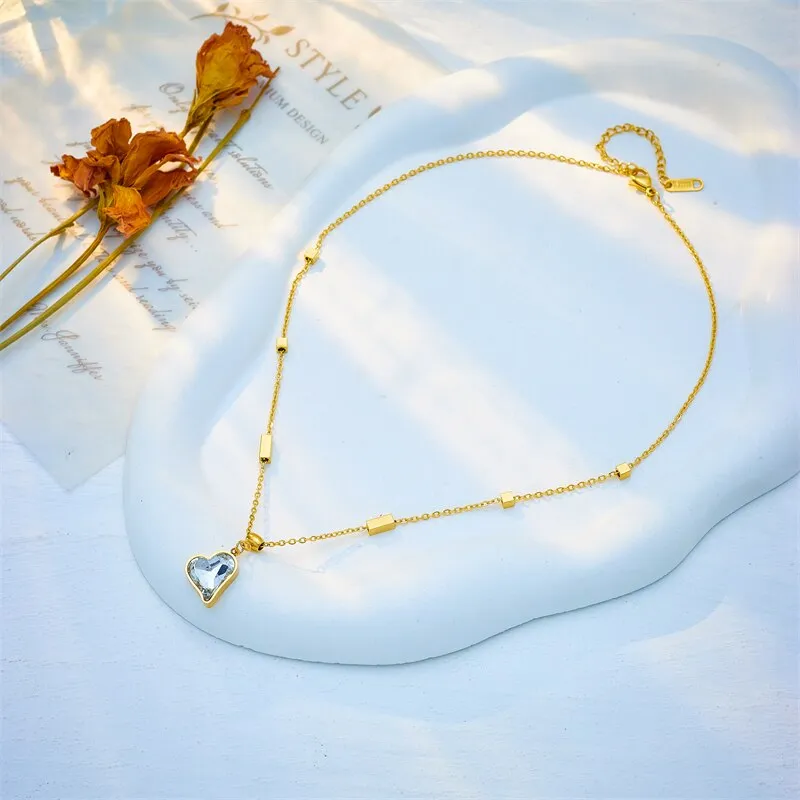 316L Stainless Steel Heart-Shaped Zirconia Crystal Pendant Necklace For Women