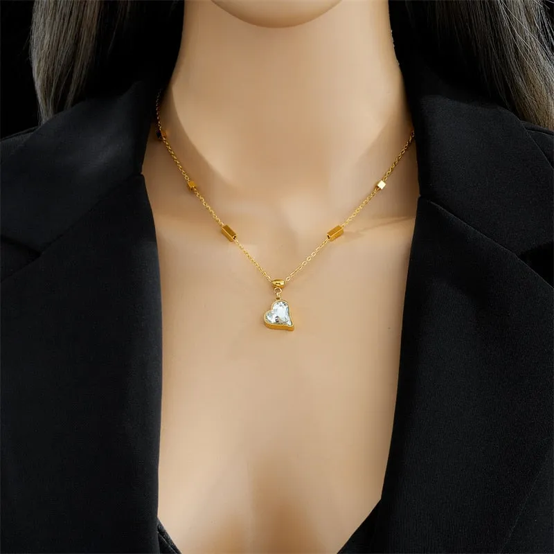 316L Stainless Steel Heart-Shaped Zirconia Crystal Pendant Necklace For Women