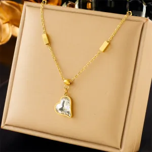 316L Stainless Steel Heart-Shaped Zirconia Crystal Pendant Necklace For Women