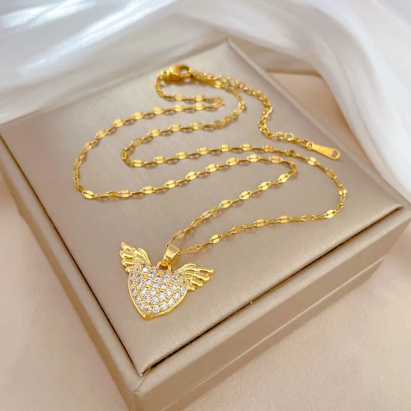 316L Stainless Steel Heart Wings Pendant Necklace For Women