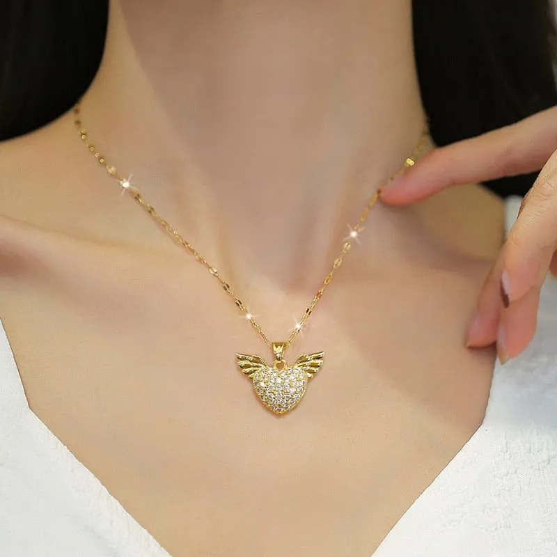 316L Stainless Steel Heart Wings Pendant Necklace For Women