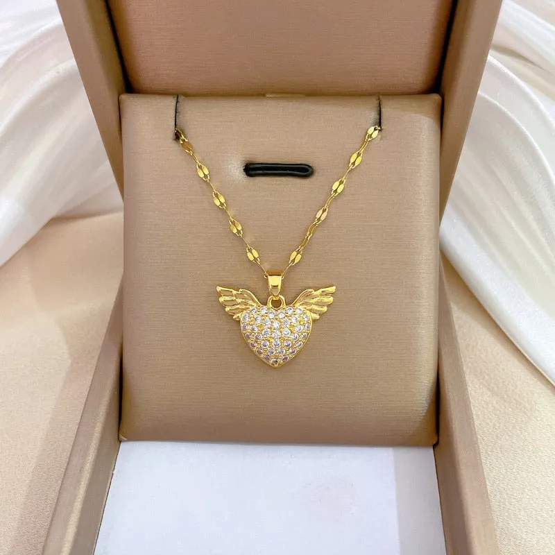 316L Stainless Steel Heart Wings Pendant Necklace For Women