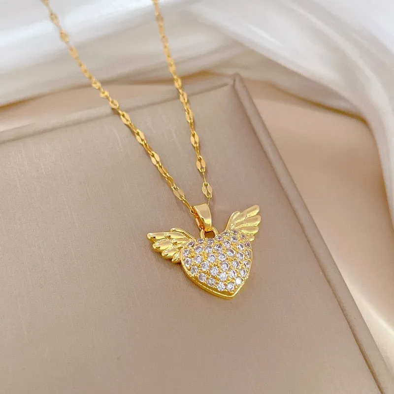 316L Stainless Steel Heart Wings Pendant Necklace For Women
