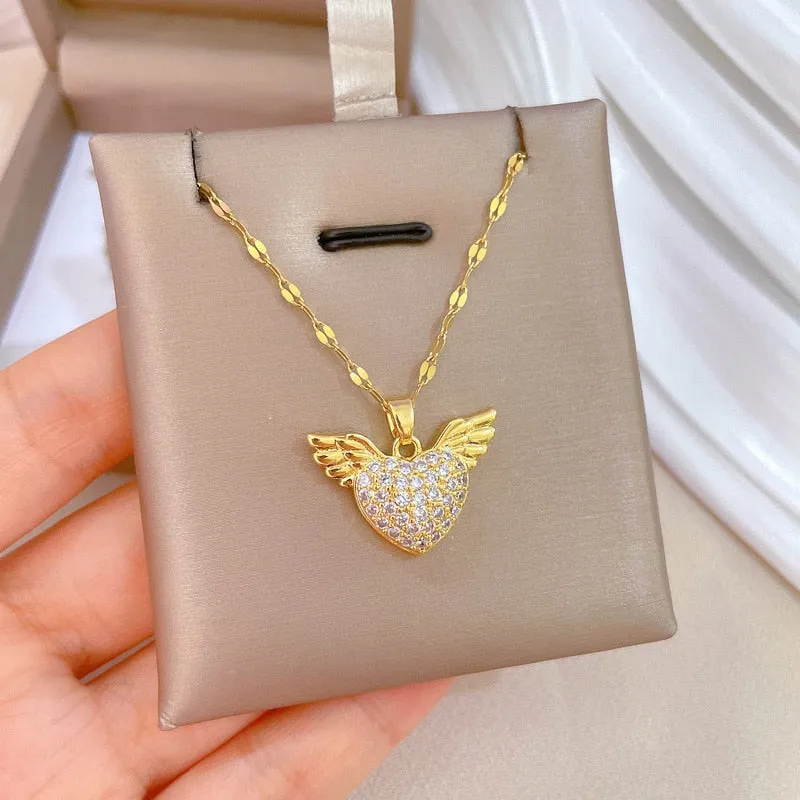 316L Stainless Steel Heart Wings Pendant Necklace For Women