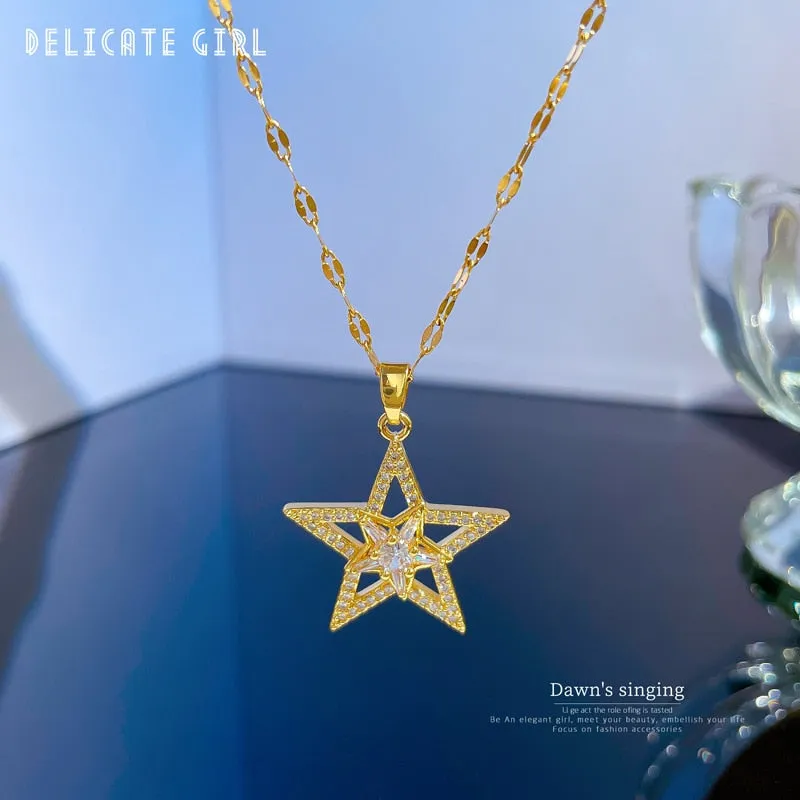 316L Stainless Steel Pentagram Zircon Pendant Necklace For Women