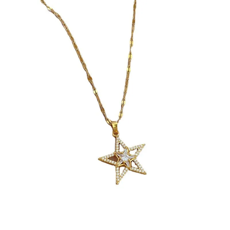 316L Stainless Steel Pentagram Zircon Pendant Necklace For Women