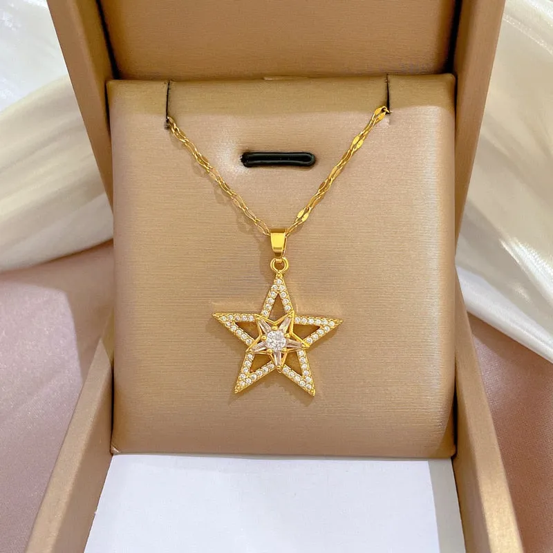 316L Stainless Steel Pentagram Zircon Pendant Necklace For Women