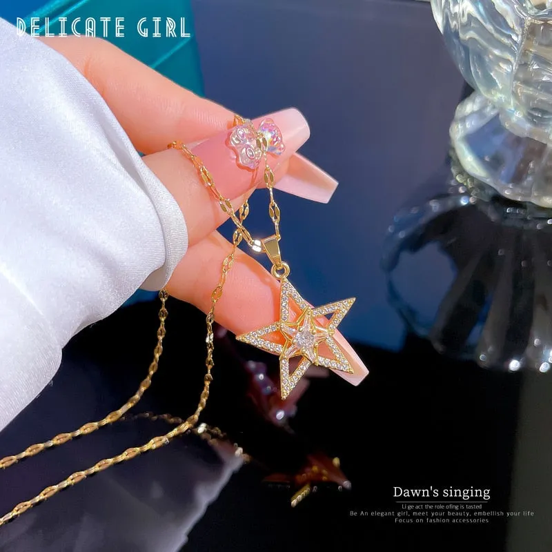 316L Stainless Steel Pentagram Zircon Pendant Necklace For Women