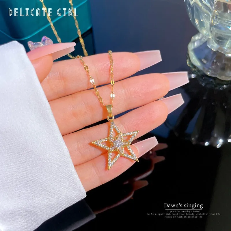 316L Stainless Steel Pentagram Zircon Pendant Necklace For Women