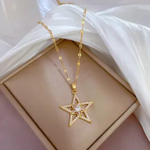 316L Stainless Steel Pentagram Zircon Pendant Necklace For Women