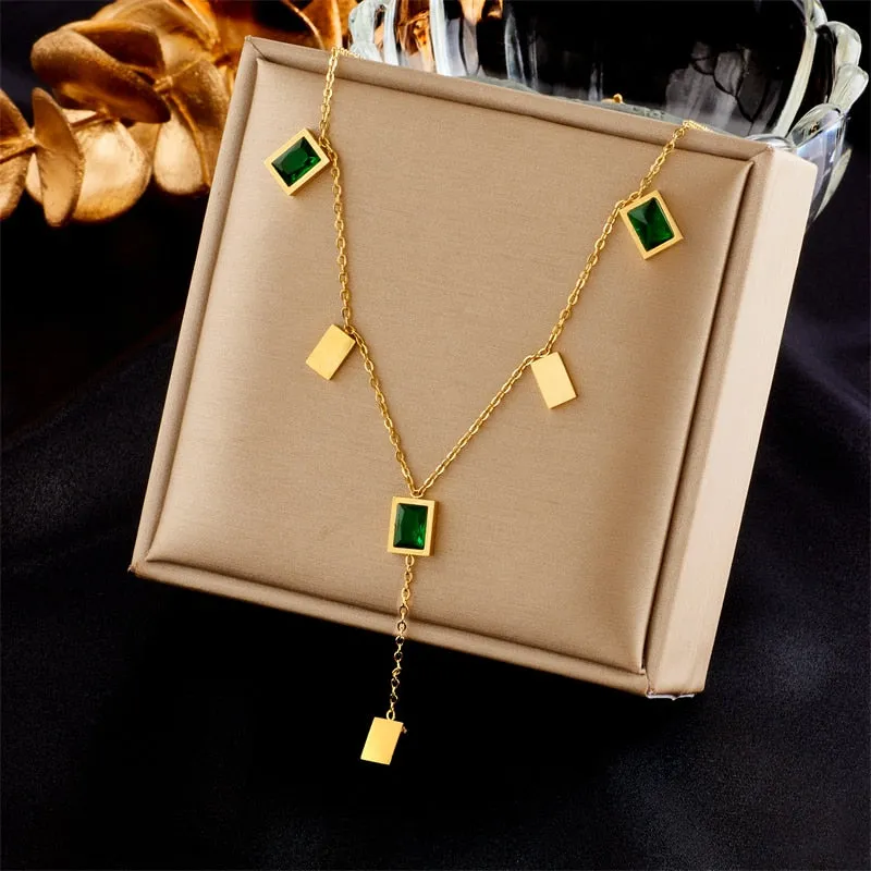 316L Stainless Steel Square Green Crystal Long Pendant Necklace For Women