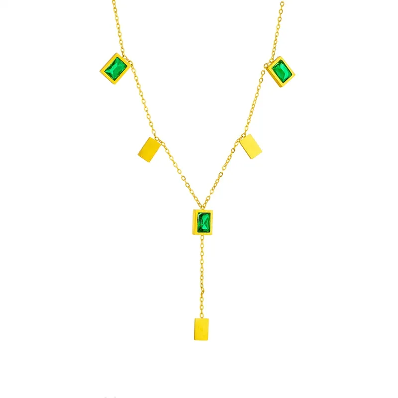 316L Stainless Steel Square Green Crystal Long Pendant Necklace For Women